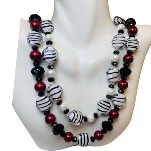 Women’s Black & White Stripe Red Glass Beaded Silver Tone Layering Necklace Set
